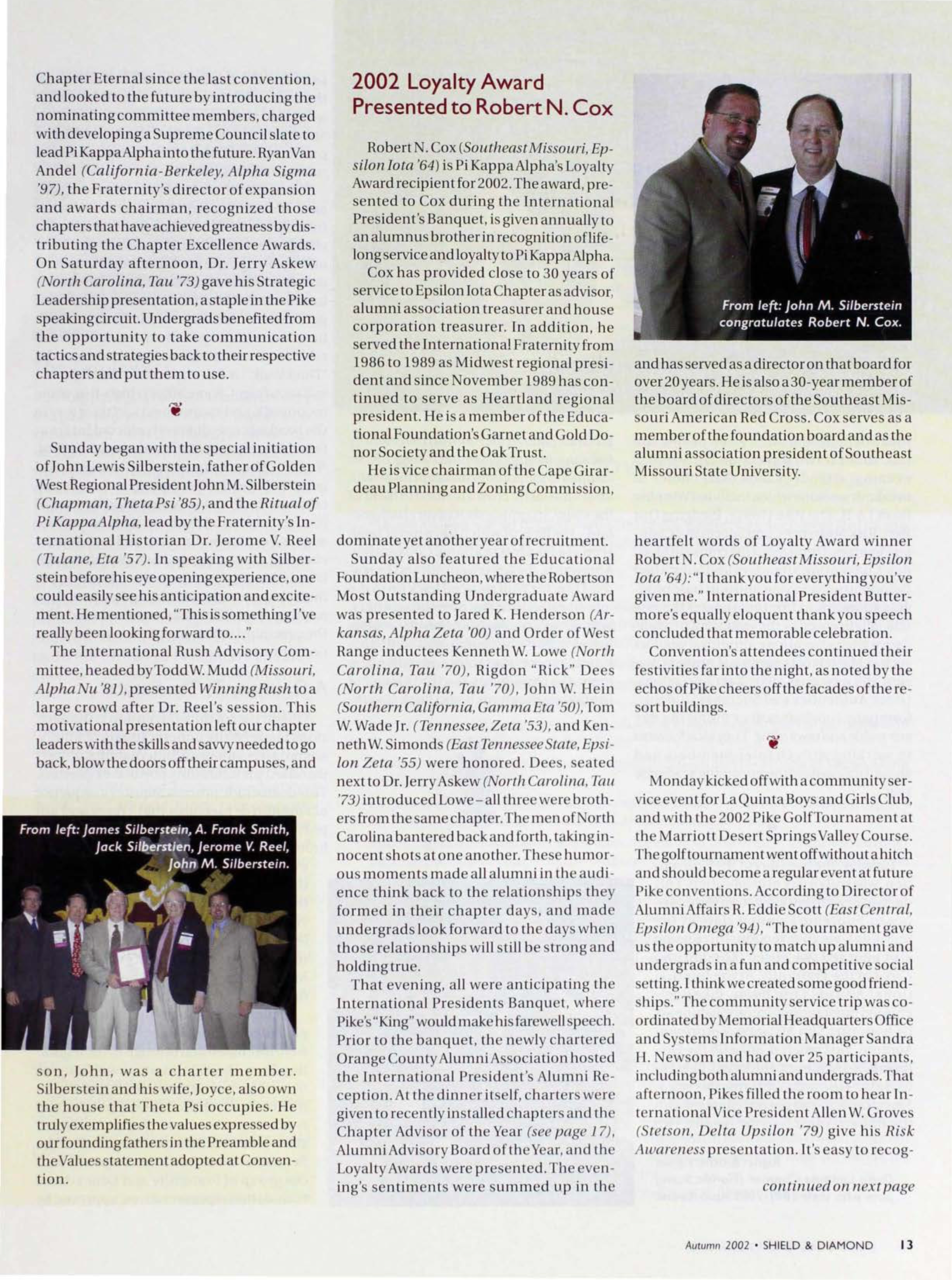 2002 Loyalty Award Presented to Robert N. Cox